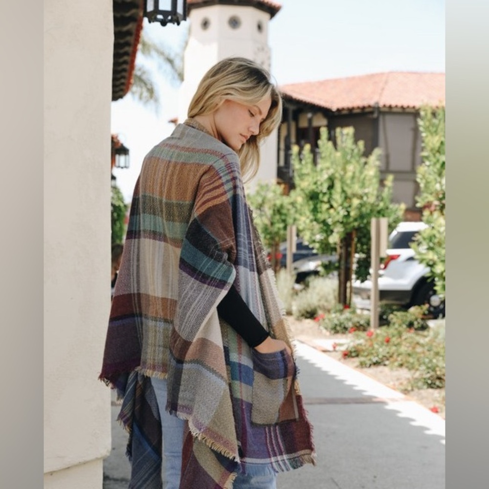 360. Bohemian open poncho duster pocketed plaid multicolor - Picture 3 of 3